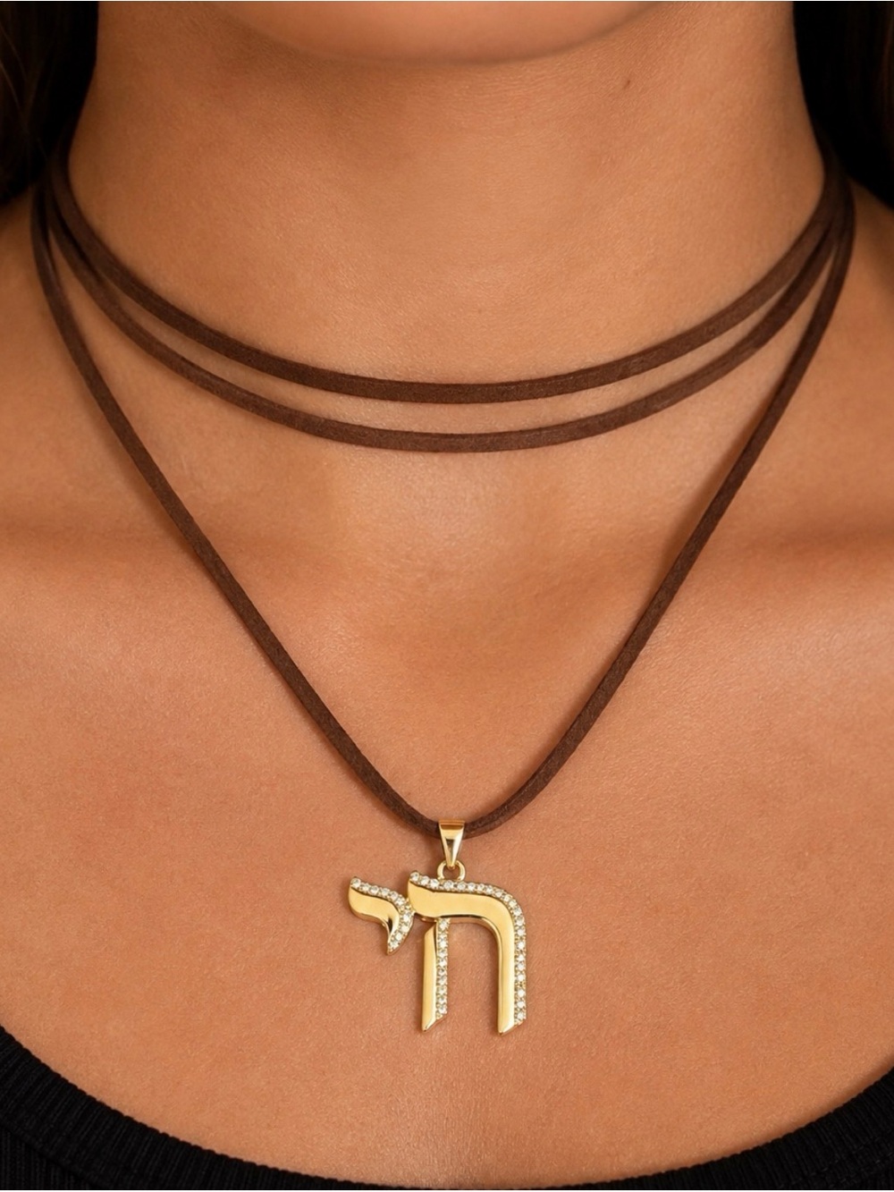 Gold Hebrew Letter Chai Pendant Necklace in Brown Cord 18K Real Gold Plated